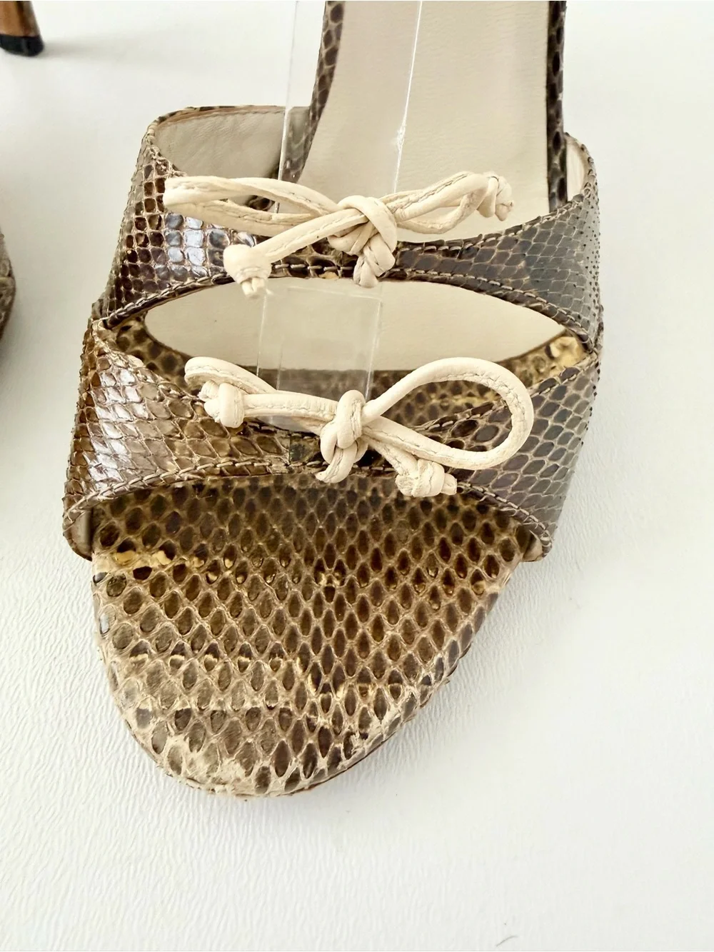GUCCI | Vintage Snakeskin Bow Ankle Tie Stiletto Sandal Heels Brown Size 8.5B